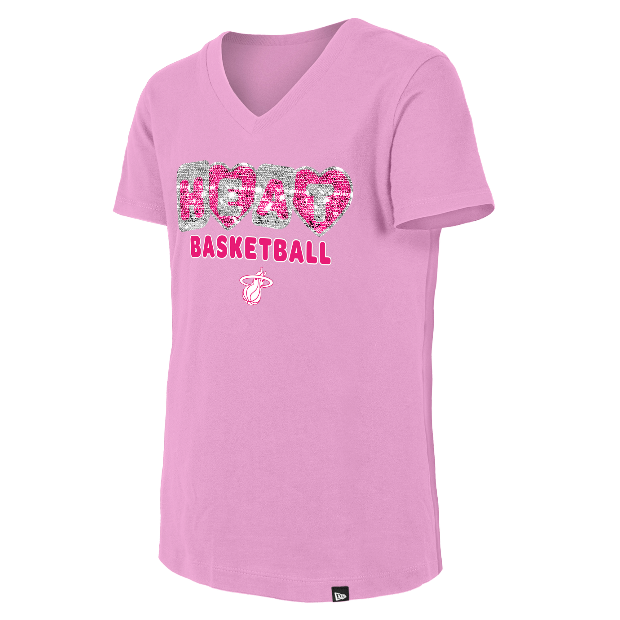 The New Era Miami HEAT Pink Basketball Girls V-Neck Tee features a short-sleeve, 100% cotton design with “HEAT” in silver sequins, a heart shape, bold pink “BASKETBALL,” and the team logo. Standard fit; machine wash cold.