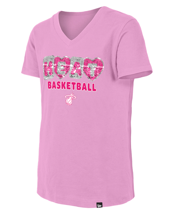 The New Era Miami HEAT Pink Basketball Girls V-Neck Tee is a 100% cotton, standard-fit shirt with 