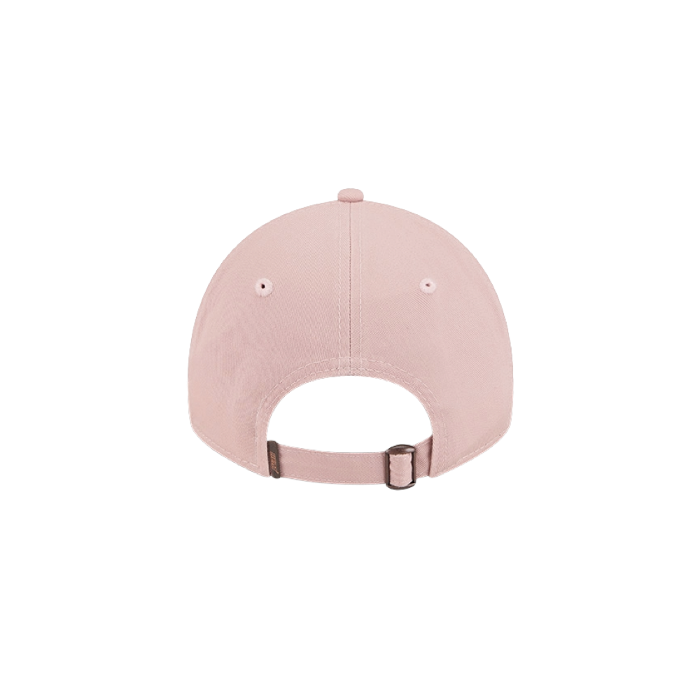 The New Era Miami HEAT Pink Stamp Dad Hat, shown from the back, features light pink cotton fabric, an adjustable strap with a metal buckle, and one-size-fits-most design. Easy to spot clean and set against a plain white background.