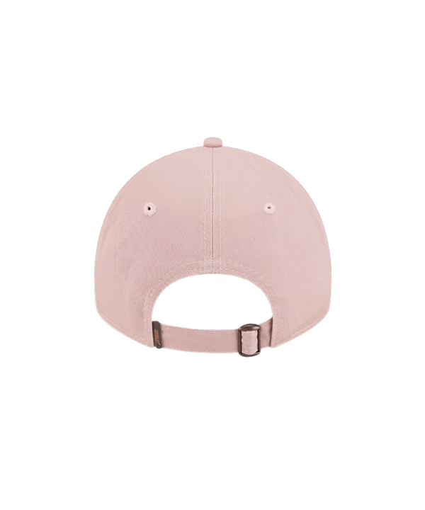 The New Era Miami HEAT Pink Stamp Dad Hat features a light pink cotton design with a white and pink embroidered team logo, adjustable strap, and brim sticker. One size fits most; spot clean to maintain its fresh look.