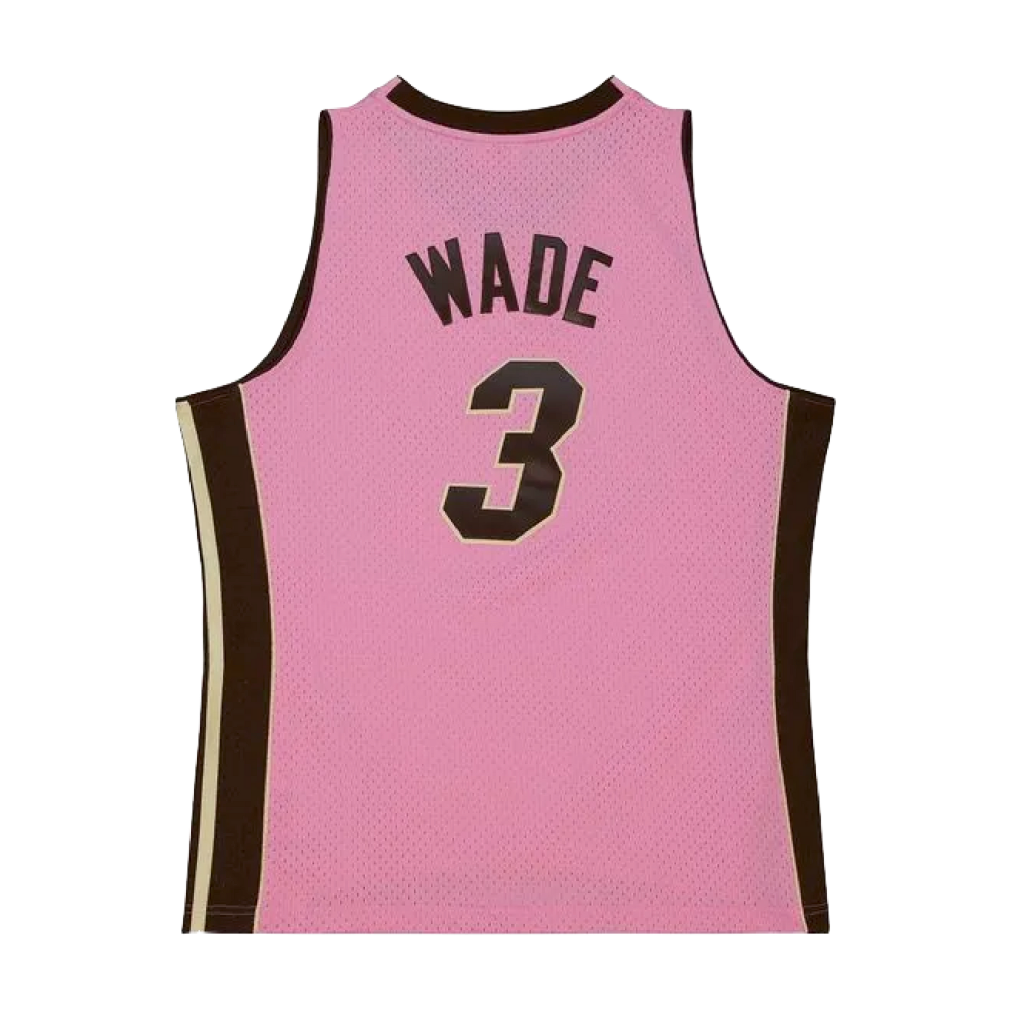 Pink Miami HEAT Dwyane Wade basketball jersey with black and brown side panels, number 3 on back. - Dwyane Wade Mitchell & Ness Miami HEAT 2005-06 Pink Bacon Jersey