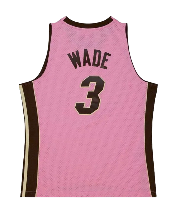 Pink Miami HEAT swingman jersey with number 3 and black side panels, Mitchell & Ness tag. - Dwyane Wade Mitchell & Ness Miami HEAT 2005-06 Pink Bacon Jersey