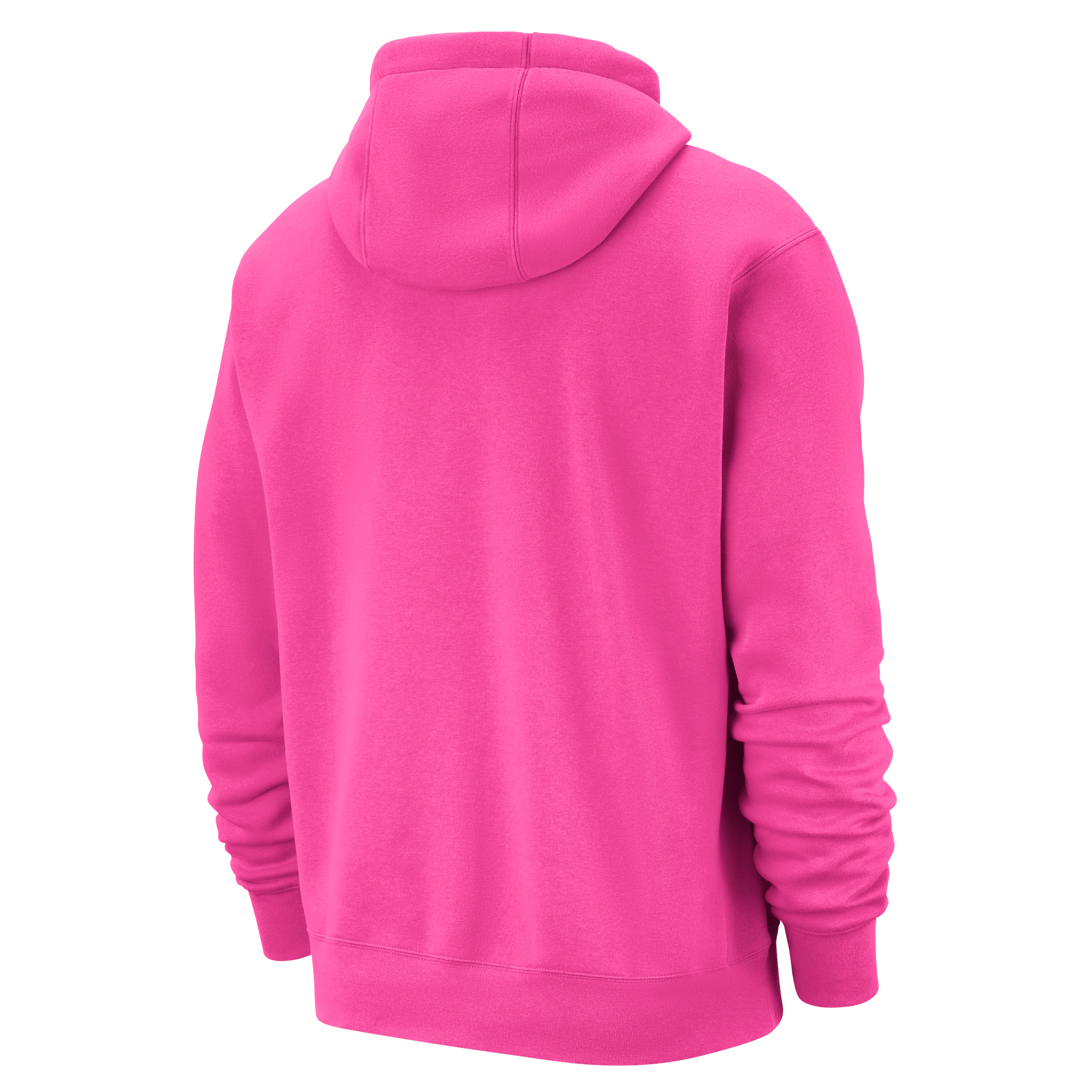 The Nike Miami HEAT Original Vice Nights Pink Hoodie by Nike is a bright pink, long-sleeved cotton sweatshirt with a relaxed fit, shown from the back against a plain white background. It is machine washable and features a standard silhouette.