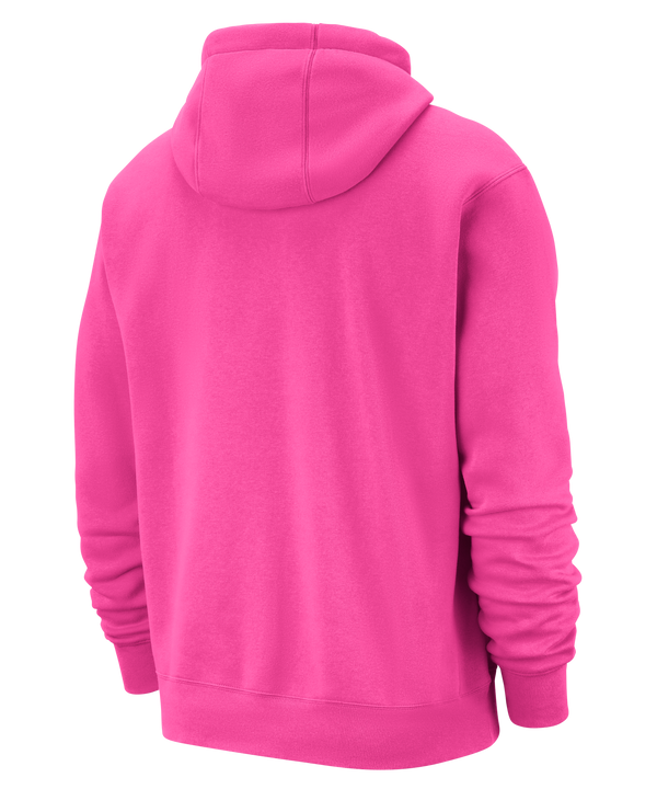 The Nike Miami HEAT Original Vice Nights Pink Hoodie features the team's blue-and-white flaming ball logo, a white Nike logo, standard fit, front kangaroo pocket, and is machine washable.