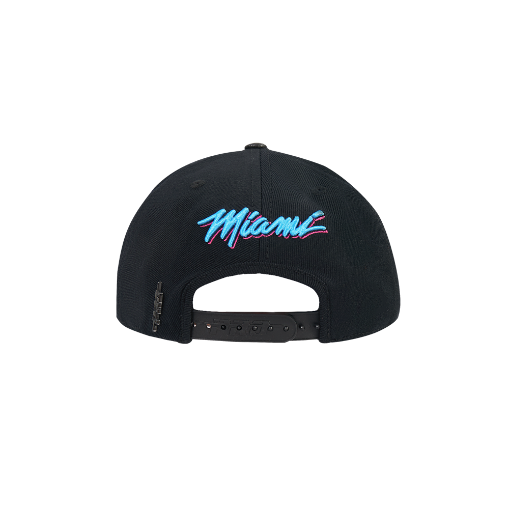 The Pro Standard Miami HEAT Original Vice Nights Snapback by Pro Standard is a black, one-size wool-acrylic cap with 