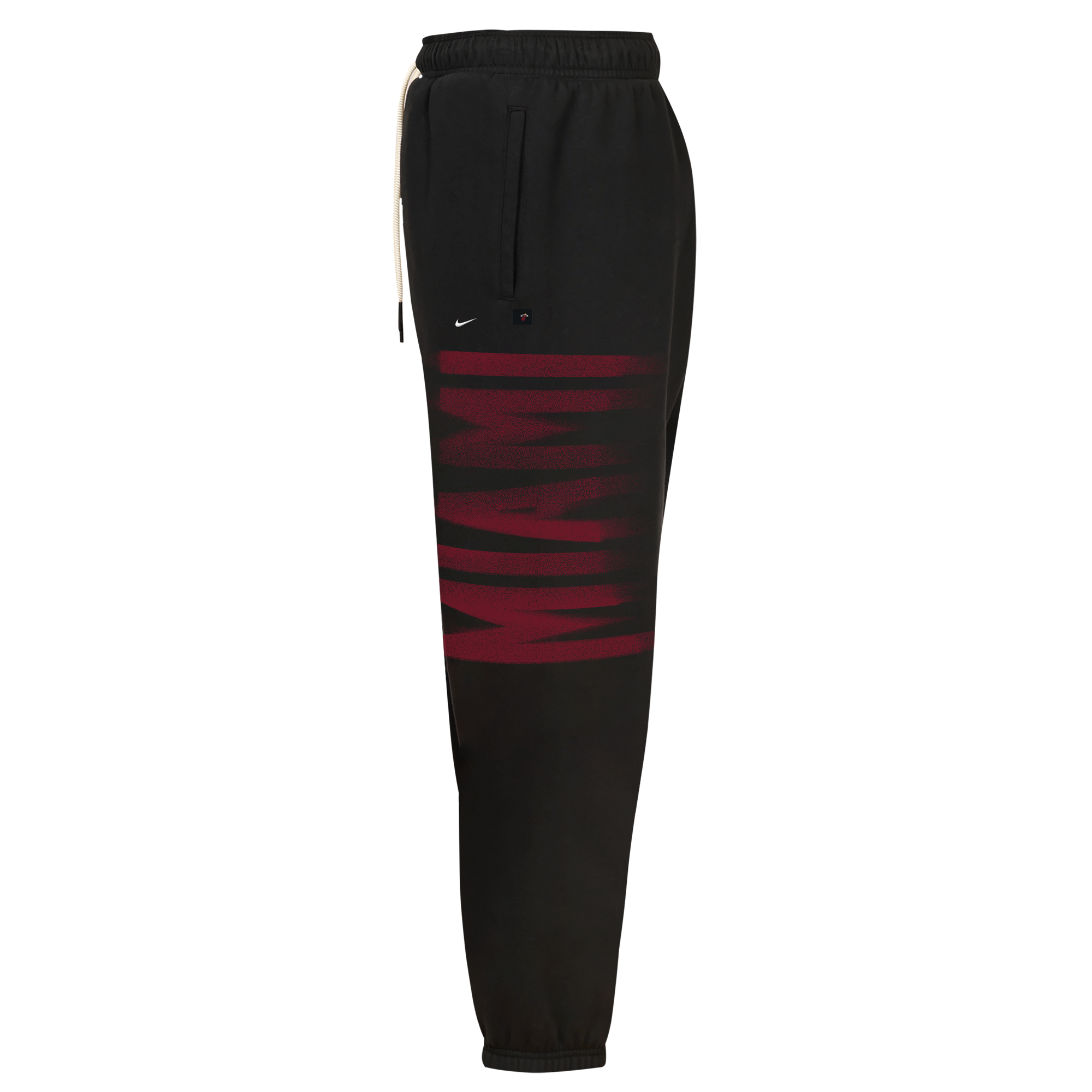 Nike Miami HEAT Wordmark Youth Fleece Pants in black cotton-polyester with a standard fit, featuring a vertical, gradient red MIAMI wordmark on the left leg.