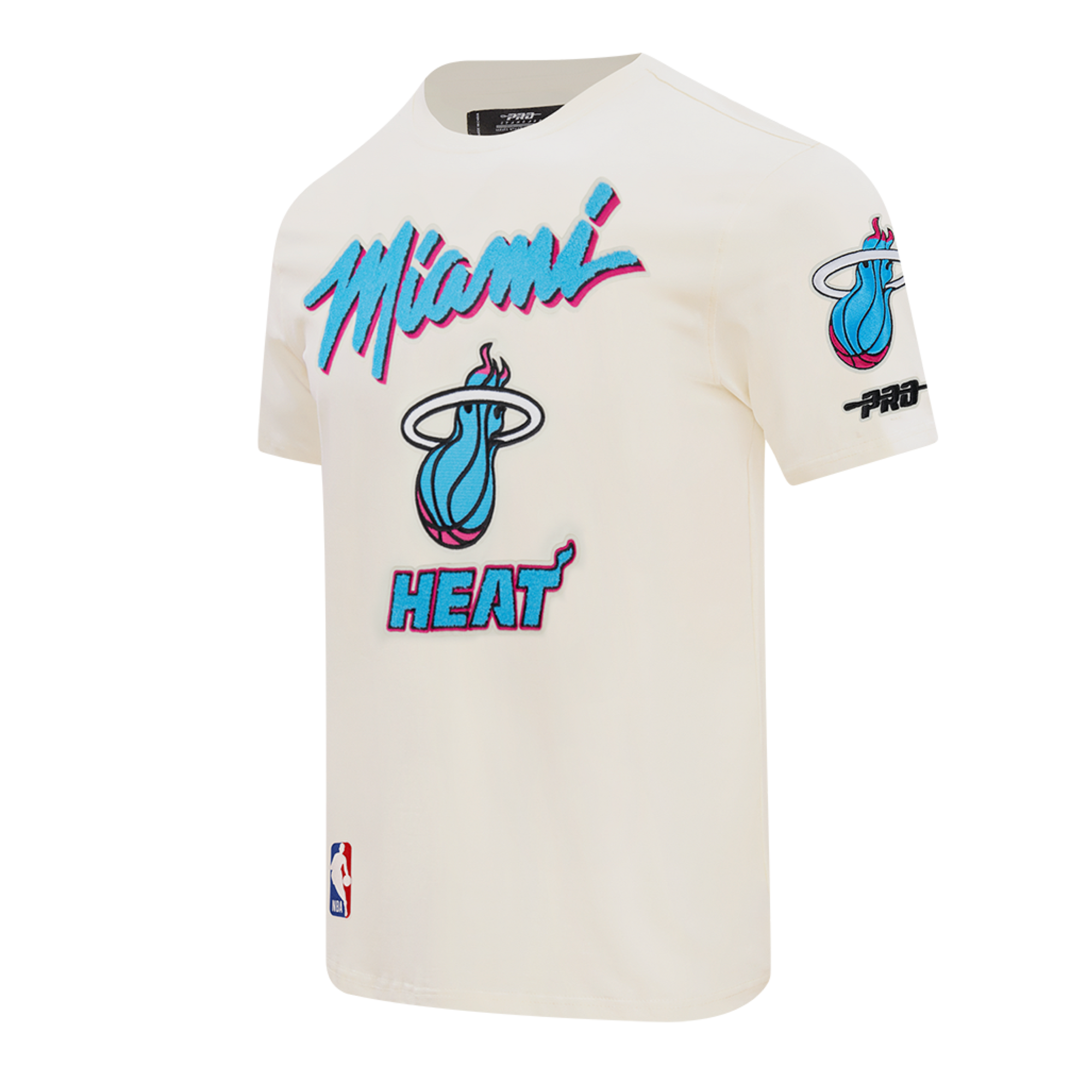 The Pro Standard Miami HEAT Original Vice Nights Logo Tee features a cream color, standard fit, blue and pink 