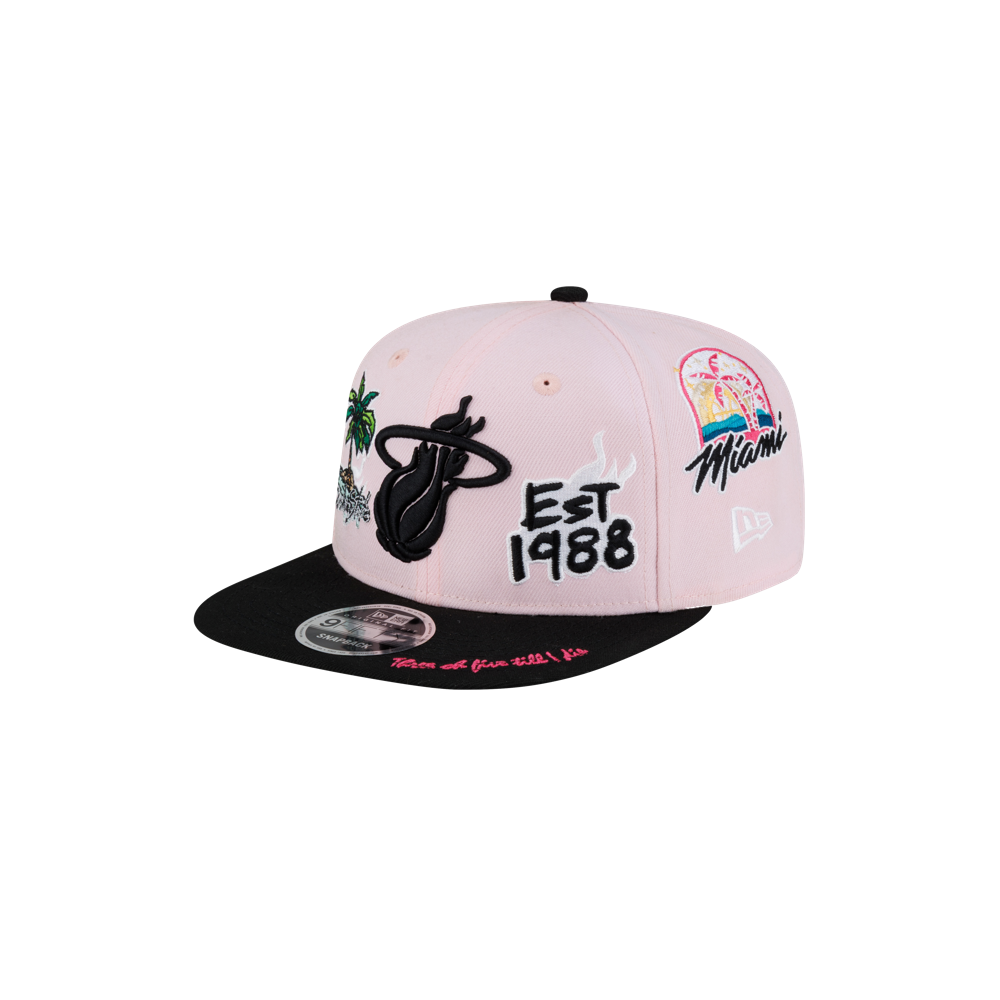The Court Culture Original Vice Patch Snapback by Court Culture is a pink and black Miami Heat hat with a slim crown, embroidered palm trees, EST 1988, and vibrant “Miami” details on the side, all made from durable polyester.