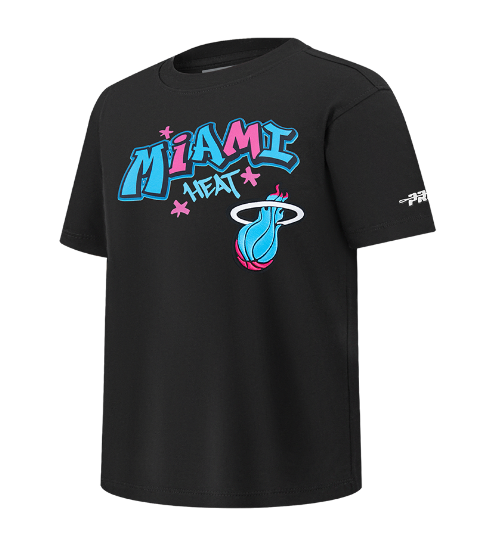 The Pro Standard Miami HEAT Original Vice Nights Graffiti Youth Tee features a relaxed cotton fit and vibrant graffiti-style MIAMI HEAT text in blue, pink, and white with a flaming basketball logo. Machine washable. Brand: Pro Standard.