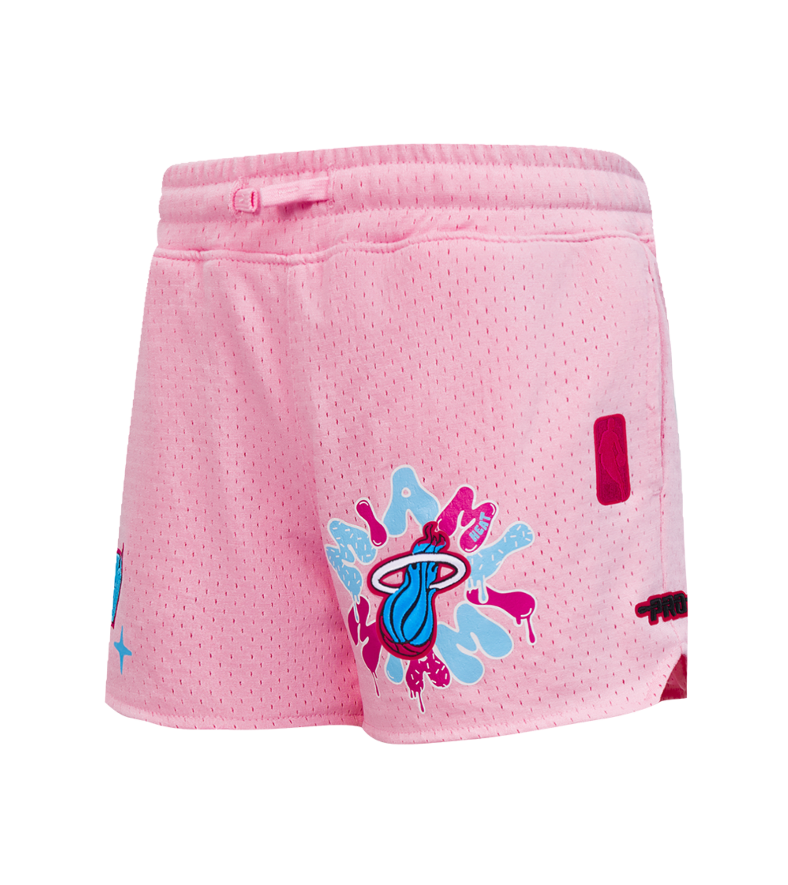 Pro Standard Miami HEAT Original Vice Nights Girls Graffiti Shorts: pink mesh, relaxed fit, blue/white/pink graffiti-style team logo, polyester fabric, machine washable. Shown on a white background.