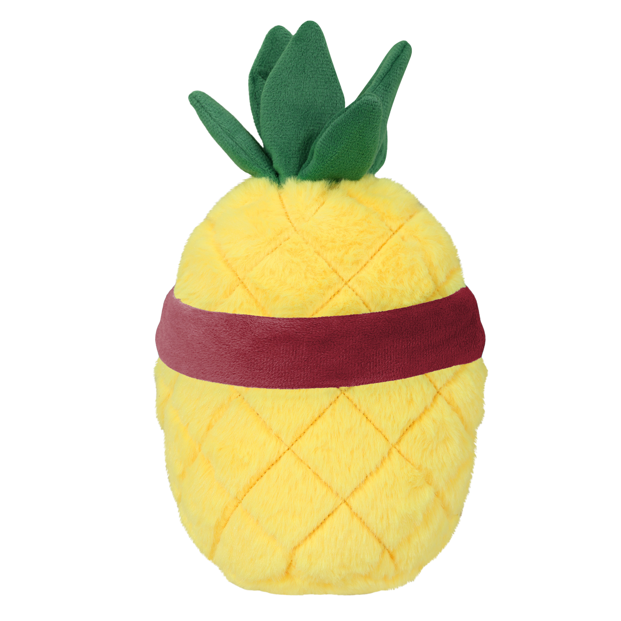 The Miami HEAT Pineapple Plushie by Forever Collectibles is a yellow plush toy with green leaves and a red band, made from soft polyester fiber and surface washable for easy care.