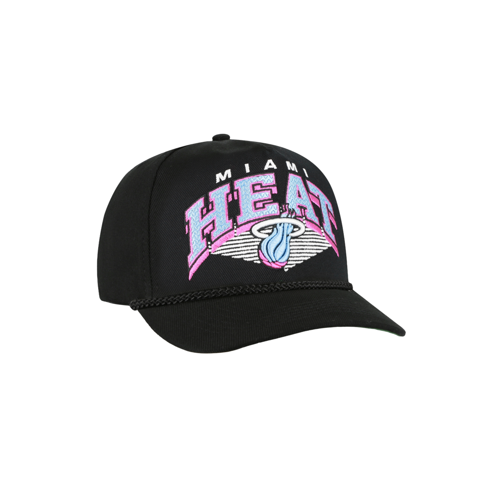 The '47 Brand Miami HEAT Original Vice Nights Hitch Snapback is a black cotton hat with a retro-style pink, white, and blue Miami Heat logo, rope detail above the brim, one size fits most. Spot clean for best care.