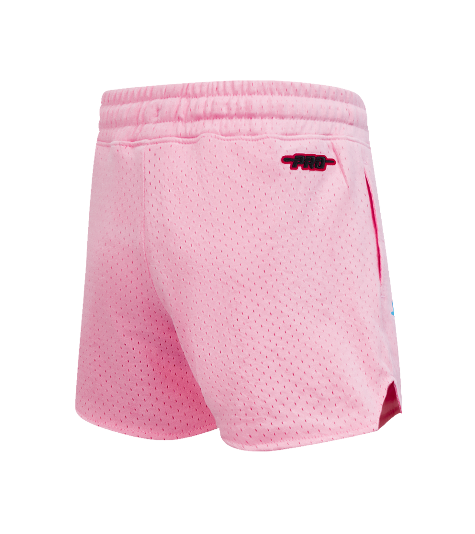 The Pro Standard Miami HEAT Original Vice Nights Girls Graffiti Shorts, made of machine-washable polyester, feature a relaxed fit, pink mesh design with an elastic waistband and a small black and red PRO logo on the upper back. Plain white background.