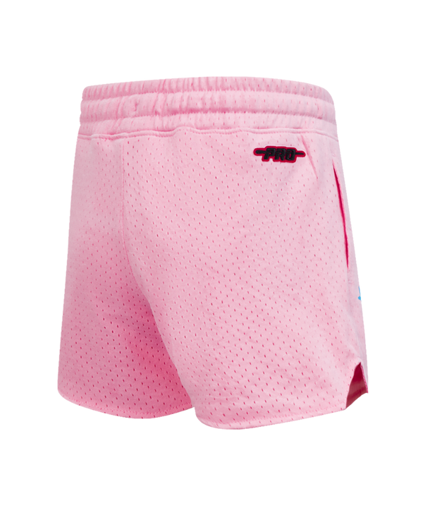 The Pro Standard Miami HEAT Original Vice Nights Girls Graffiti Shorts feature pink polyester mesh, a blue Heat logo with pink splatter on the right leg, a blue and pink comic graphic on the left leg, relaxed fit, and are easy to machine wash.