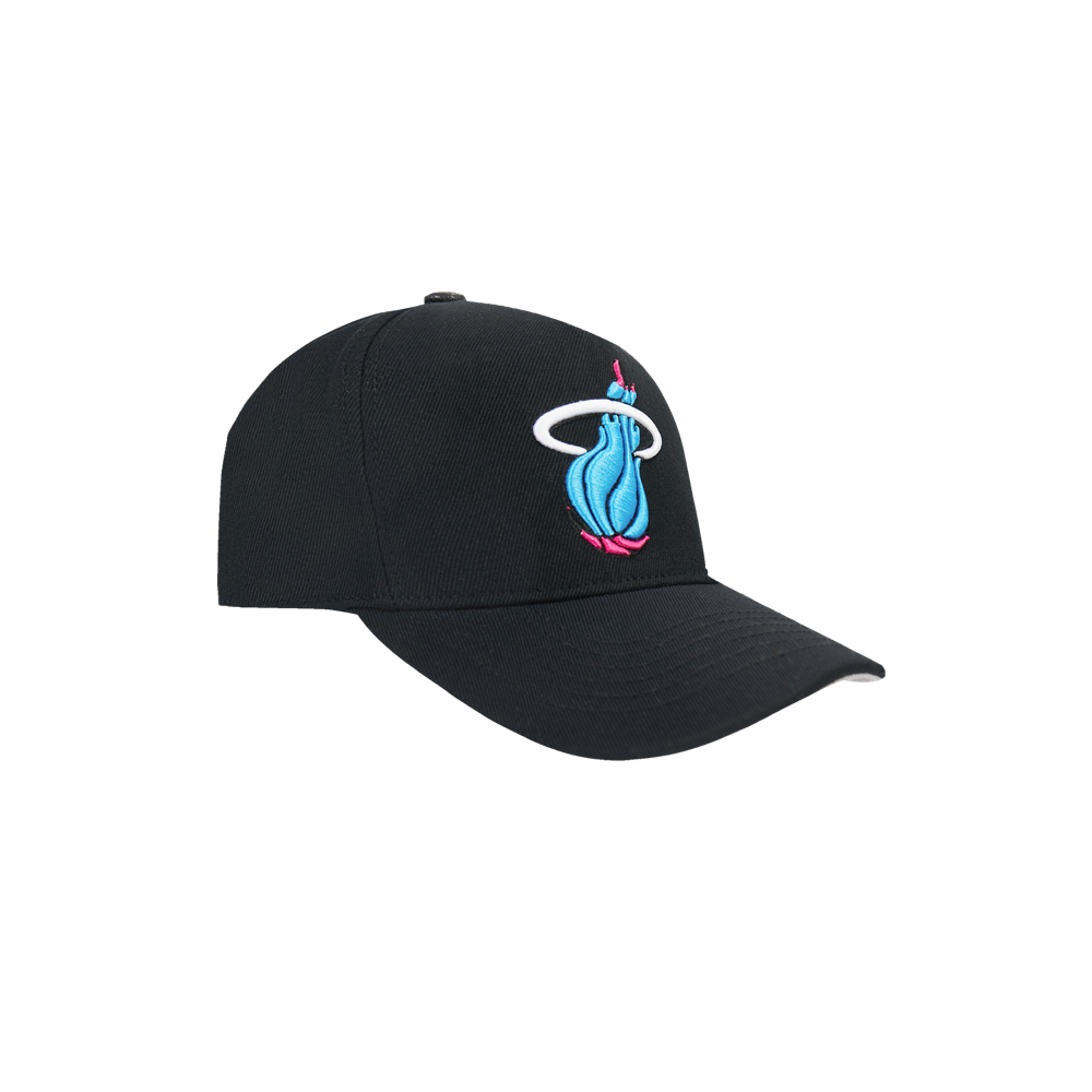 The Pro Standard Miami HEAT Original Vice Nights Snapback by Pro Standard is a black wool-acrylic cap with a leather button and an embroidered blue flame, white halo, and pink accent on the front. One size; shown angled right on a white background.