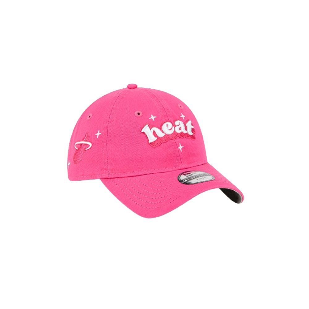 Pink New Era youth hat with white Miami HEAT script and embroidered team logo on side. - New Era Miami HEAT Youth Cheer Hat