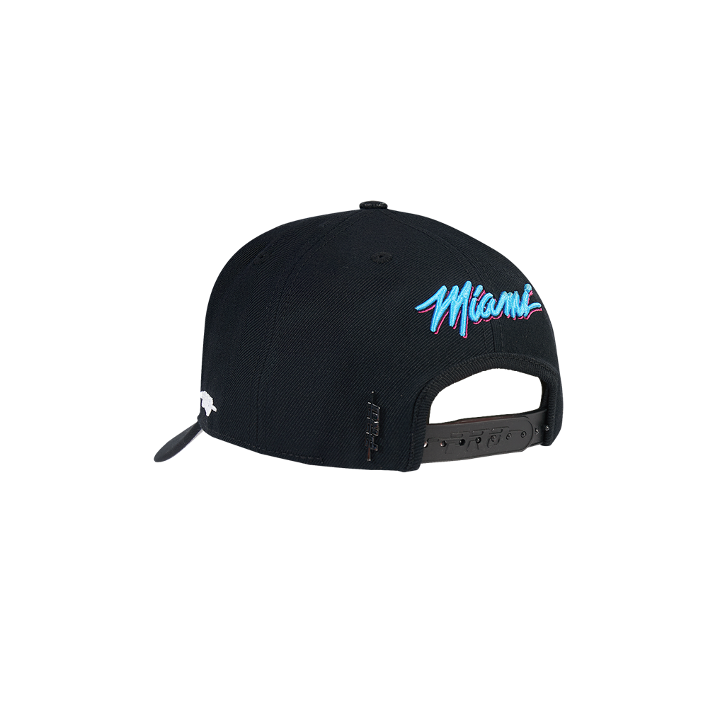The Pro Standard Miami HEAT Original Vice Nights Snapback features a black wool-acrylic blend, blue and pink 