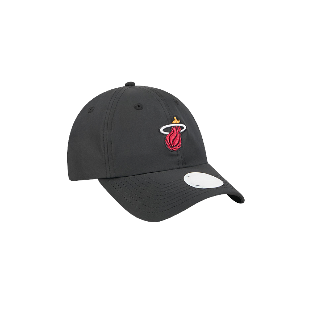 Black New Era Miami HEAT adjustable women's cap with ponytail hole and embroidered logo. - New Era Miami HEAT Ponytail Women's Hat