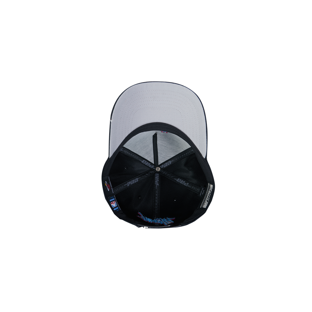 The Pro Standard Miami HEAT Original Vice Nights Snapback by Pro Standard features a black crown and light gray brim. Viewed from above, the wool-acrylic cap reveals inner stitching, labels, and a central leather button; one size fits most.