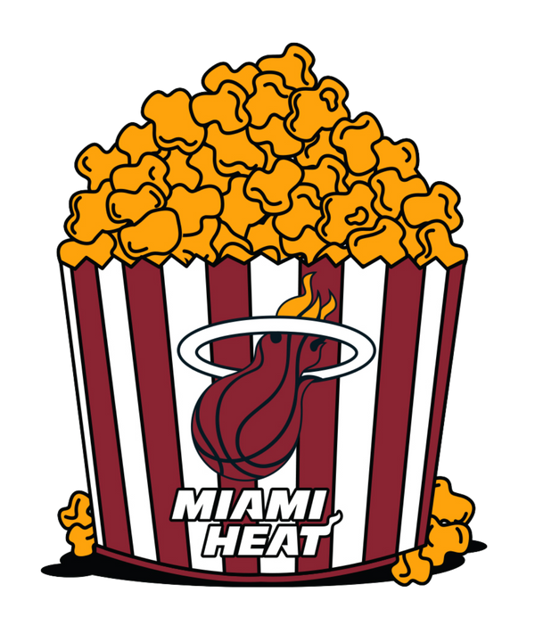 The Miami HEAT Popcorn Bucket Pin by Pro Specialties features a red and white striped popcorn bucket with the Miami Heat logo, 