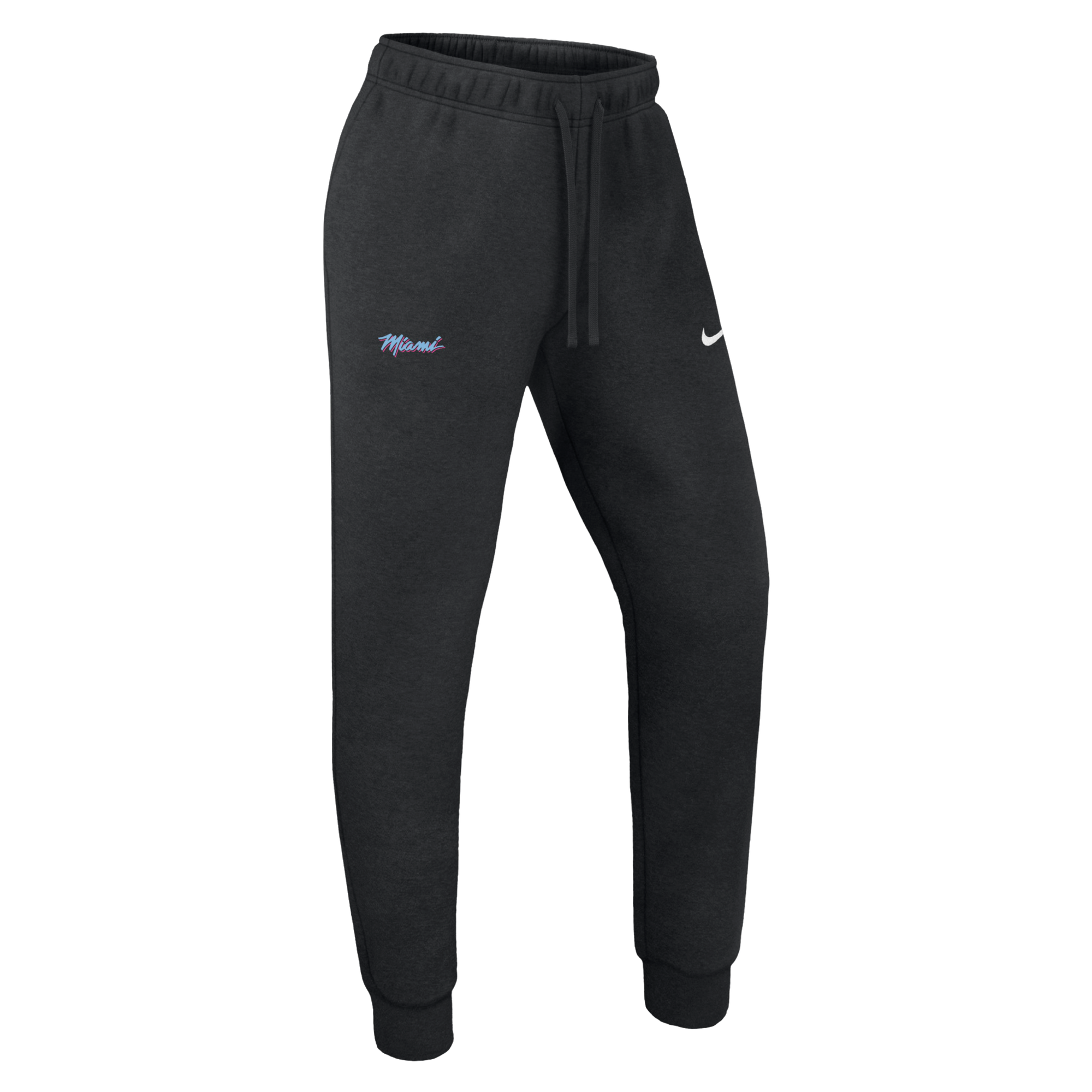 Nike Miami HEAT Original Vice Nights Women's Pants feature a standard fit, mid-rise design with an elastic waistband, drawstring, cuffed ankles, “Miami” in colorful script on the left thigh, and a white Nike Swoosh on the right. Plain white background.