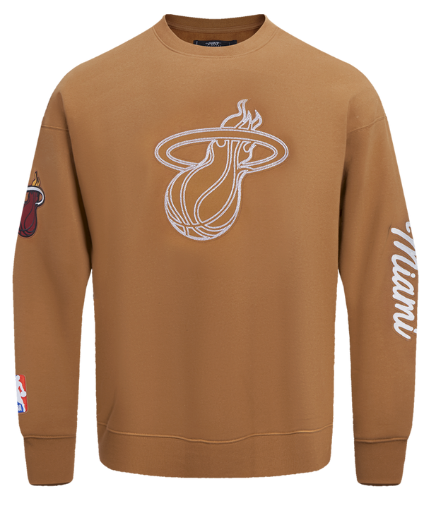 Brown crewneck sweatshirt with large white Miami HEAT logo, side sleeve graphics, and ribbed cuffs. - Pro Standard Miami HEAT Paint the City Crewneck