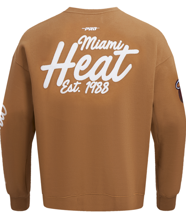 Brown crewneck sweatshirt with large white Miami HEAT logo, side sleeve graphics, and ribbed cuffs. - Pro Standard Miami HEAT Paint the City Crewneck