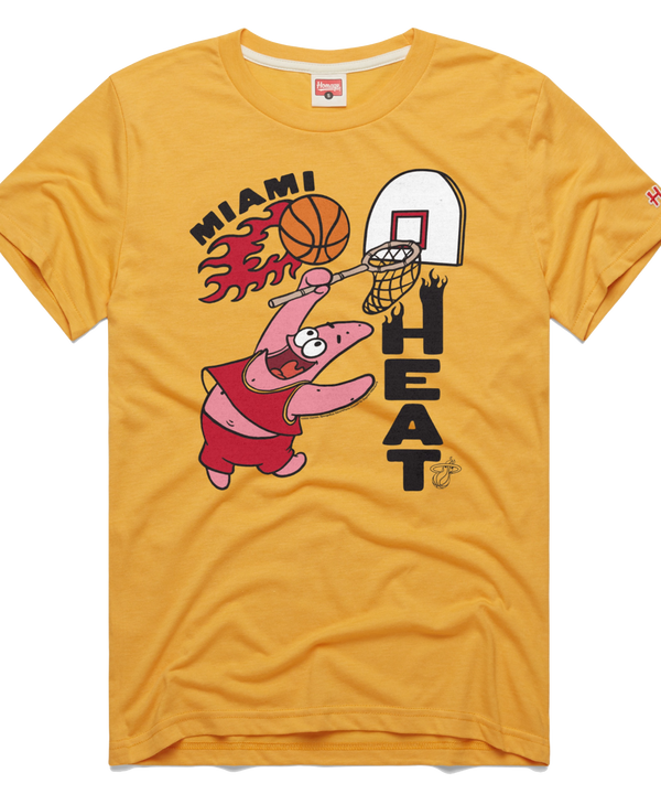 Yellow Homage Miami HEAT tee with Patrick Star dunking a basketball graphic and black text.