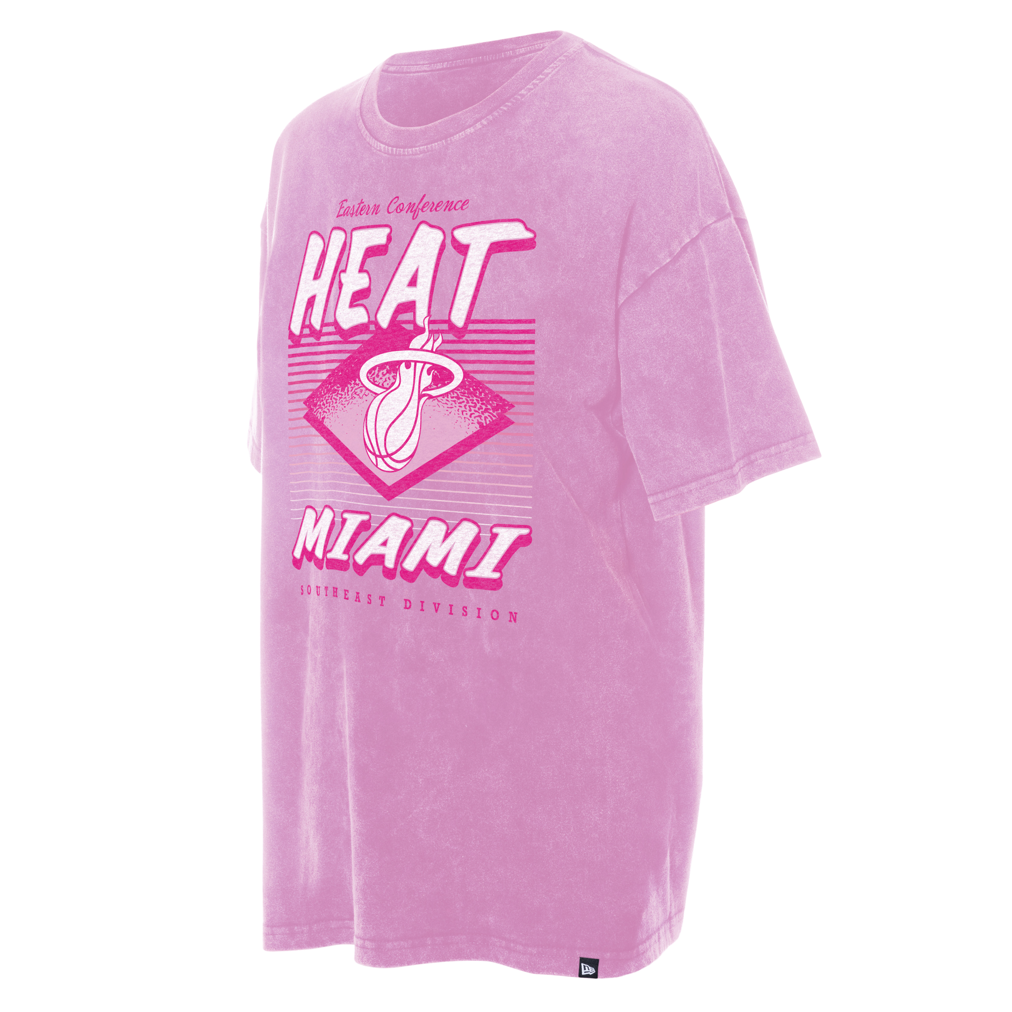 The New Era Miami HEAT Women's Pink Washed Tee features a vintage-style oversized fit with white and pink Heat logo, Eastern Conference, HEAT MIAMI, and Southeast Division text on the front. 100% cotton; machine wash cold.