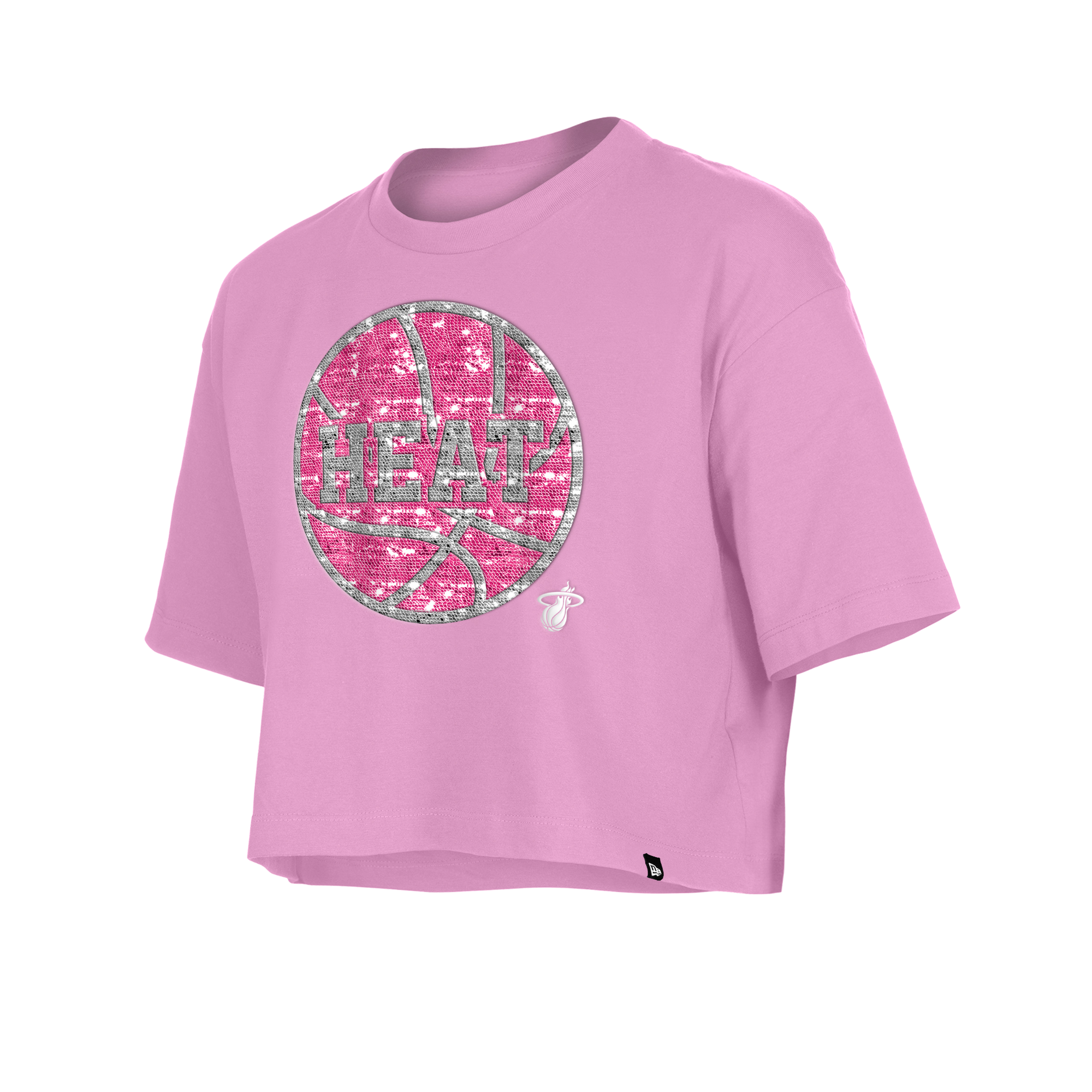 The New Era Miami HEAT Basketball Sequins Girls Tee is a light pink, cropped cotton T-shirt with a glittery basketball graphic, HEAT lettering, and a Miami Heat logo. This standard fit tee is machine washable and perfect for a relaxed look.