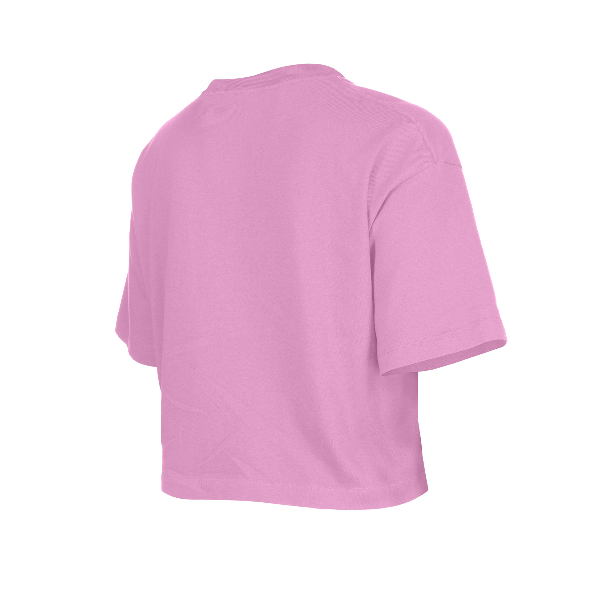 Back view of the New Era Miami HEAT Basketball Sequins Girls Tee, a short-sleeve, light pink cropped cotton t-shirt with a standard fit by New Era, shown on a white background.