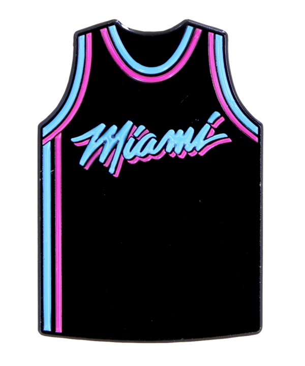 The Aminco Miami HEAT Original Vice Nights Jersey Pin is a black pin with pink and blue striped accents and 
