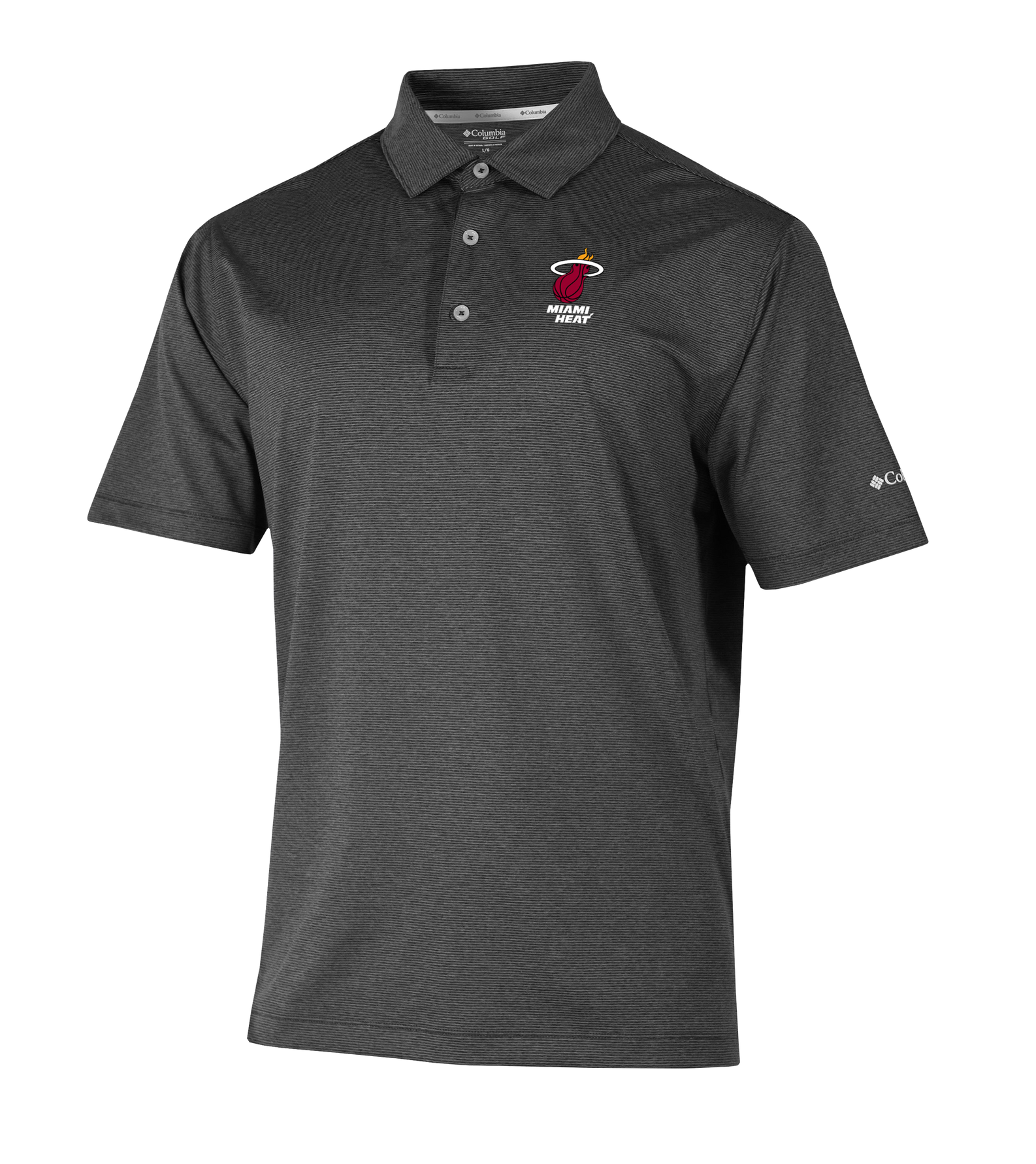 The Columbia Miami HEAT Logo Grey Polo by Columbia Outdoor features a short-sleeve, charcoal gray standard fit with team logo on the left chest, Columbia logo on the left sleeve, and is made from machine-washable polyester spandex. Displayed on white background.