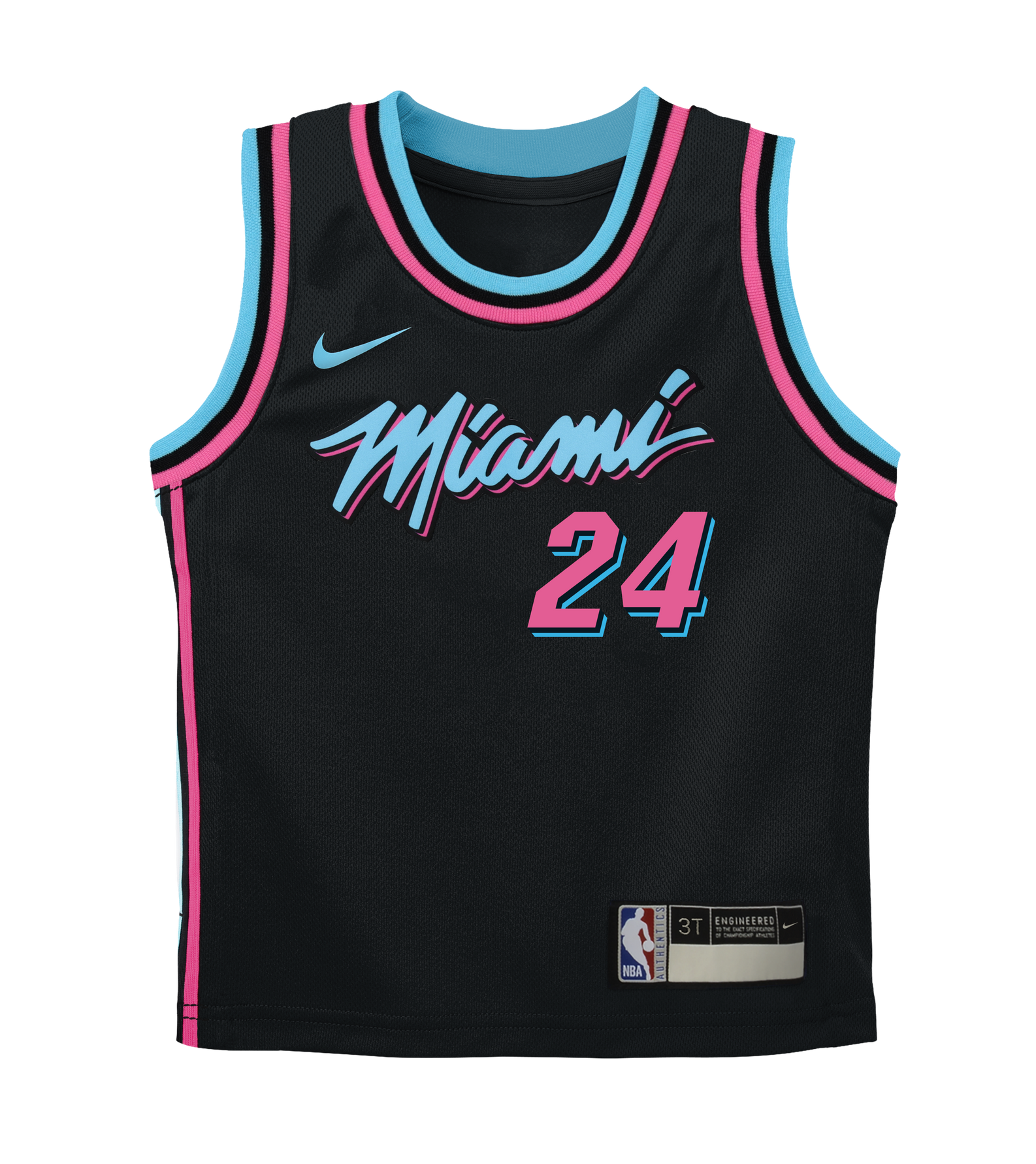 The Nike Norman Powell Original Vice Nights Replica Infant Jersey features a black design with blue and pink accents, 