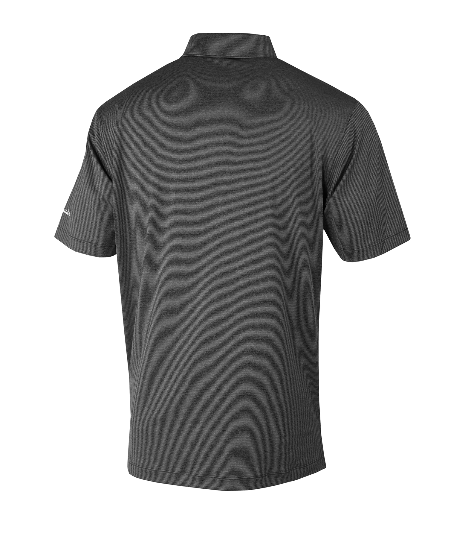 The Columbia Miami HEAT Logo Grey Polo by Columbia Outdoor is a standard-fit, dark gray short-sleeve shirt with a collar, shown from the back. Made of polyester-spandex, it's easy-care and machine washable, displayed on a plain white background.