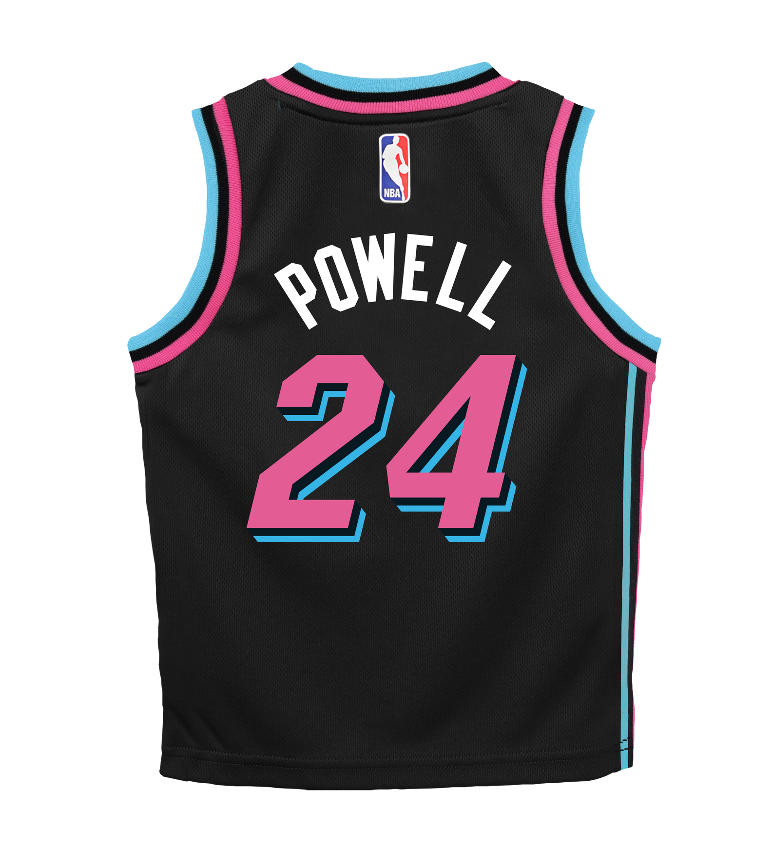 The Nike Norman Powell Original Vice Nights Replica Infant Jersey is a black polyester basketball jersey with blue and pink trim, standard fit, the NBA logo, Powell’s name, and number 24 outlined in pink and blue. Machine washable.