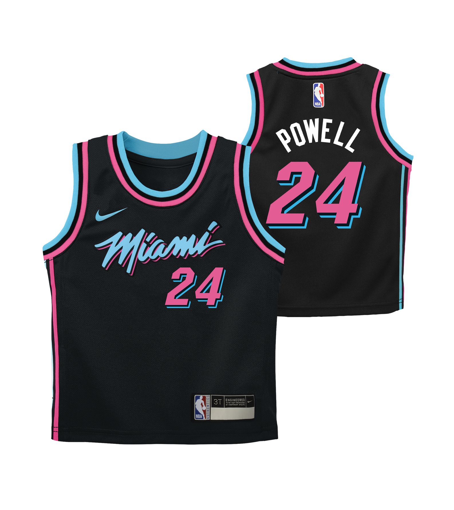 The Nike Norman Powell Original Vice Nights Replica Infant Jersey features a black design with neon pink and blue trim, 