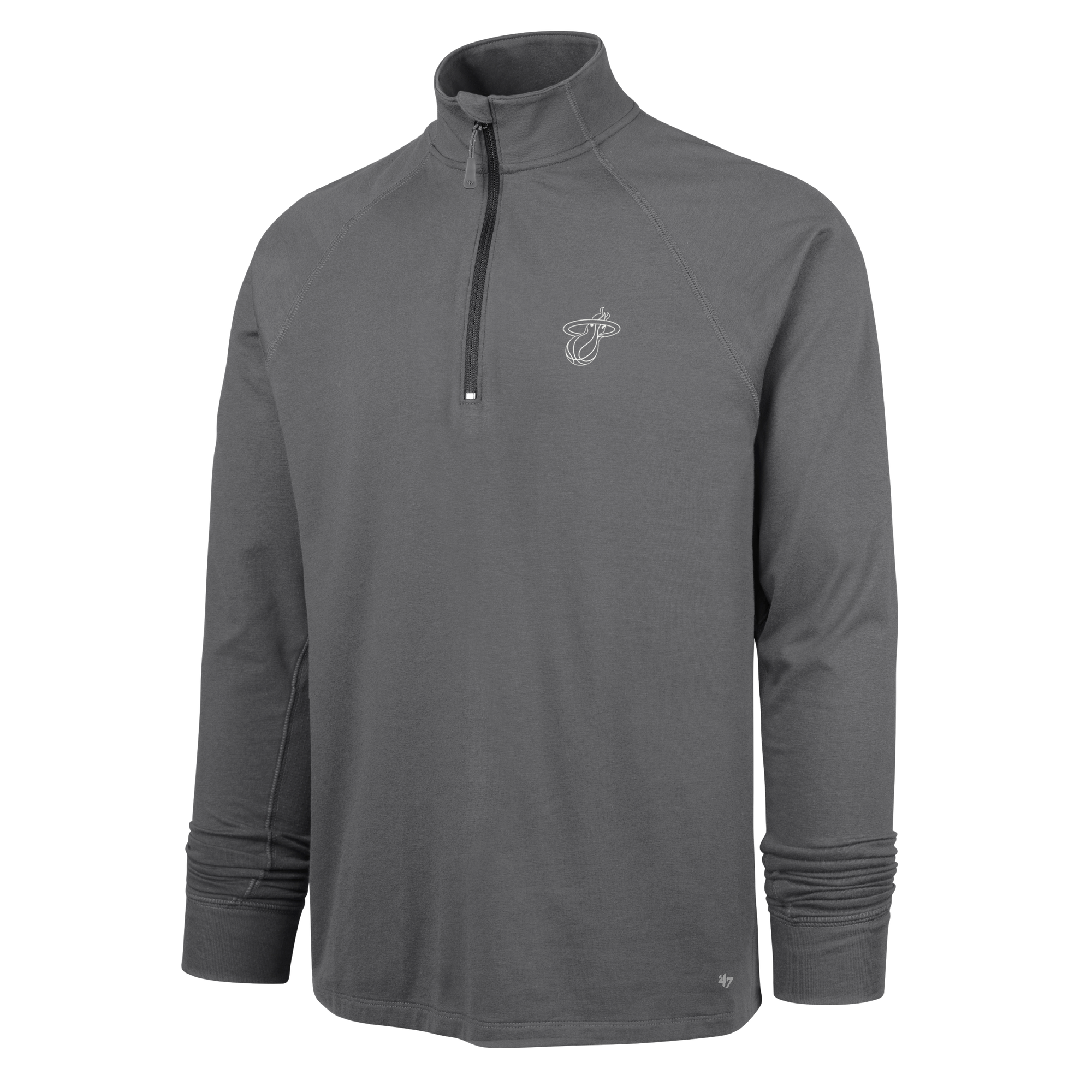 The '47 Brand Miami HEAT Forward Logo 1/4 Zip Jacket is a dark gray, long-sleeve cotton-polyester pullover with a stand-up collar and embroidered Miami Heat logo on the left chest.