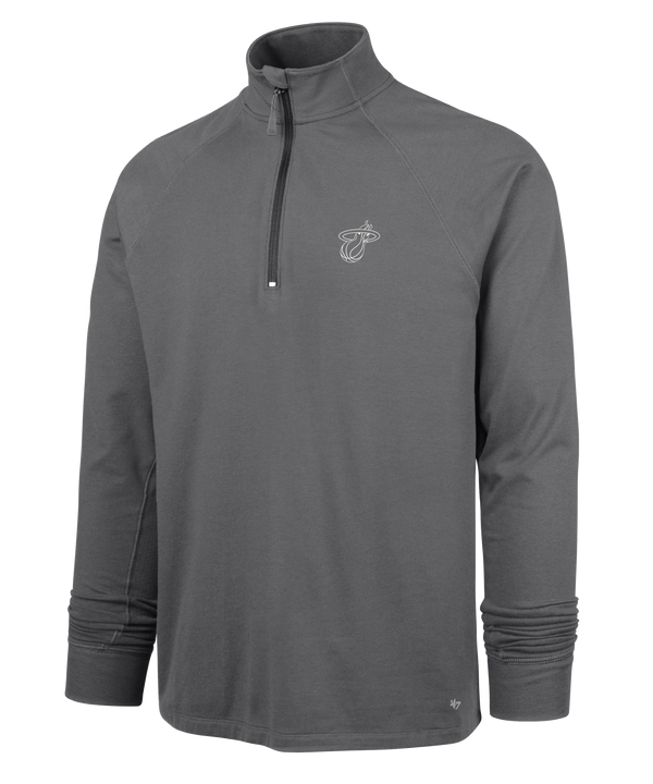 The '47 Brand Miami HEAT Forward Logo 1/4 Zip Jacket is a dark gray, long-sleeve cotton-polyester pullover with a stand-up collar and embroidered Miami Heat logo on the left chest.