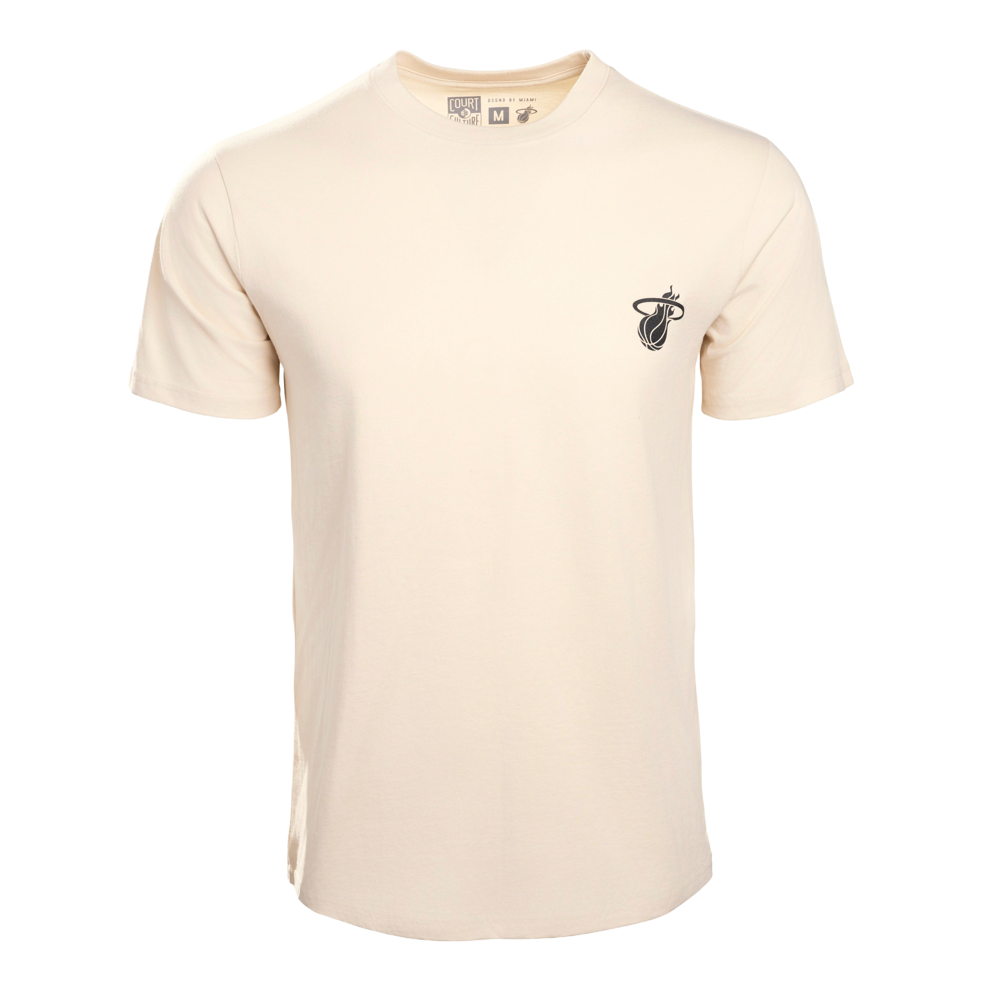 The Court Culture “Walking Bucket” Tee by Court Culture is a plain light beige short-sleeve t-shirt made from 100% cotton, featuring a small black and white flaming basketball logo on the left chest. Designed in a standard fit, this tee is displayed against a white background.
