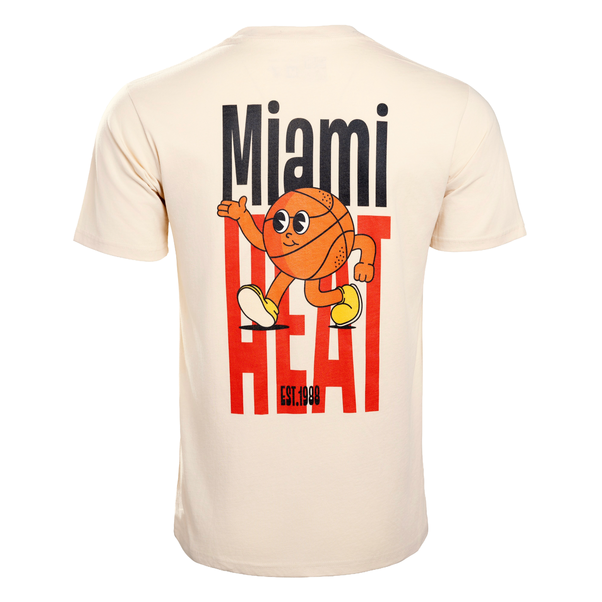 The Court Culture “Walking Bucket” Tee by Court Culture is a beige T-shirt showcasing a cartoon basketball character with arms and legs, bold Miami Heat text in black and red, and EST. 1988 written below. Crafted from 100% cotton with a standard fit for all-day comfort; hand wash cold to keep it looking fresh.
