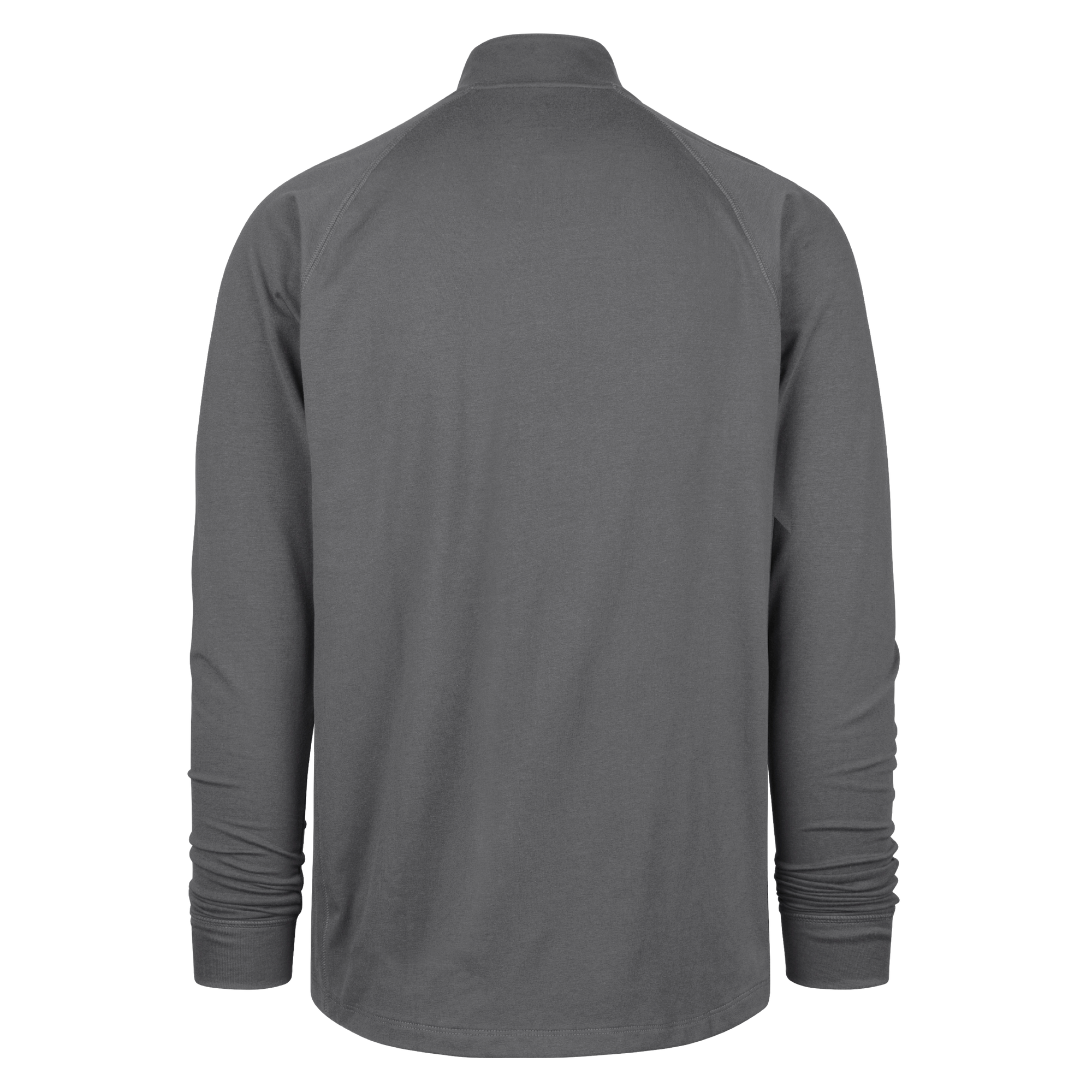 Back view of the '47 Brand Miami HEAT Forward Logo 1/4 Zip Jacket in dark gray, featuring long sleeves, a high collar, relaxed fit, and no visible logos. Made from a soft cotton-polyester blend and shown on a white background.