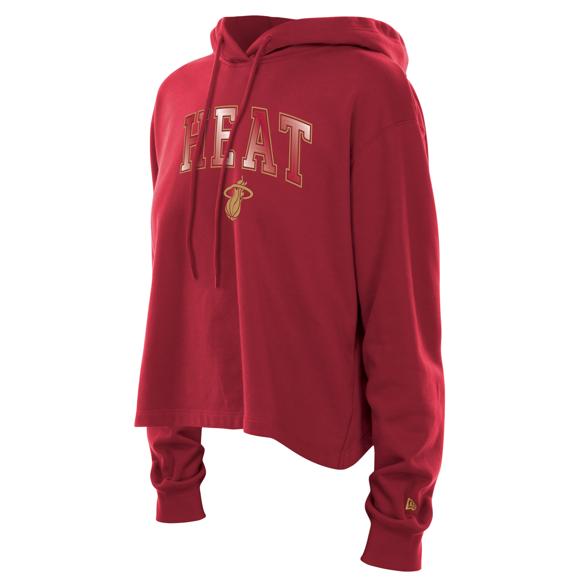 Red cropped women’s hoodie with hood and long sleeves, Miami HEAT logo on front. - New Era Miami HEAT Open Back Women's Hoodie