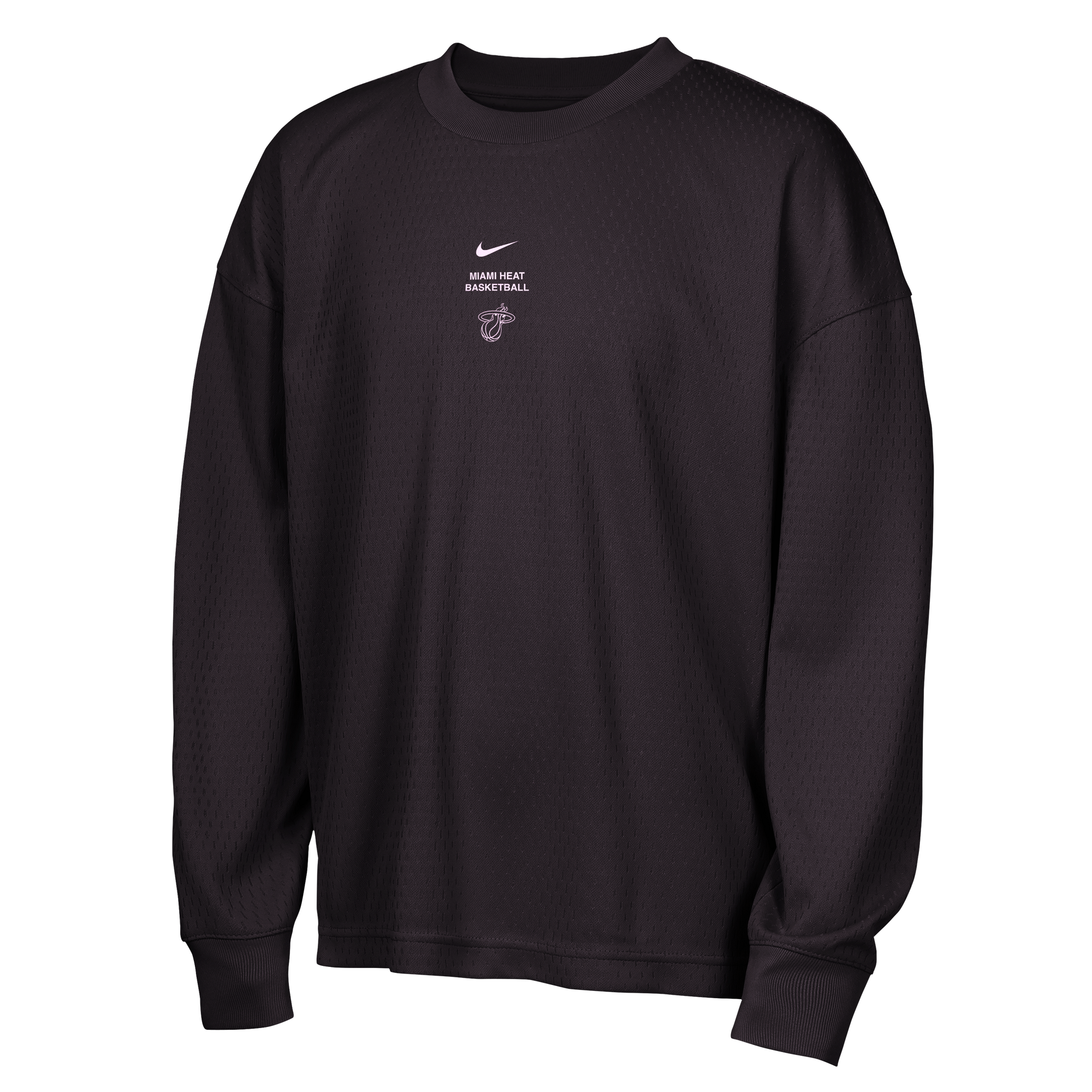 Certainly! Here’s the rewritten sentence using your product data: The Nike Miami HEAT Standard Issue Logo Game Long Sleeve Youth Tee features “Miami Heat Basketball” and the team logo printed in white on the chest. Made from soft, textured polyester, this black long-sleeve tee offers a relaxed, standard fit for all-day comfort. For best results, tumble dry low to help maintain quality.