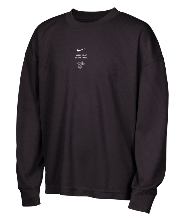 Certainly! Here’s the rewritten sentence using your product data: The Nike Miami HEAT Standard Issue Logo Game Long Sleeve Youth Tee features “Miami Heat Basketball” and the team logo printed in white on the chest. Made from soft, textured polyester, this black long-sleeve tee offers a relaxed, standard fit for all-day comfort. For best results, tumble dry low to help maintain quality.