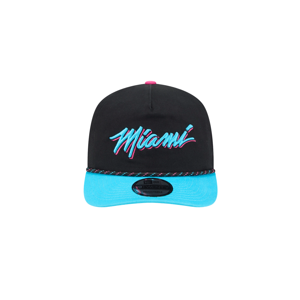 The New Era Miami HEAT Original Vice Nights Rope Snapback features a black cotton build, bright blue brim, 