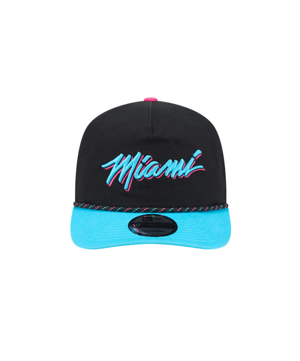 The New Era Miami HEAT Original Vice Nights Rope Snapback features a black cotton build, bright blue brim, 