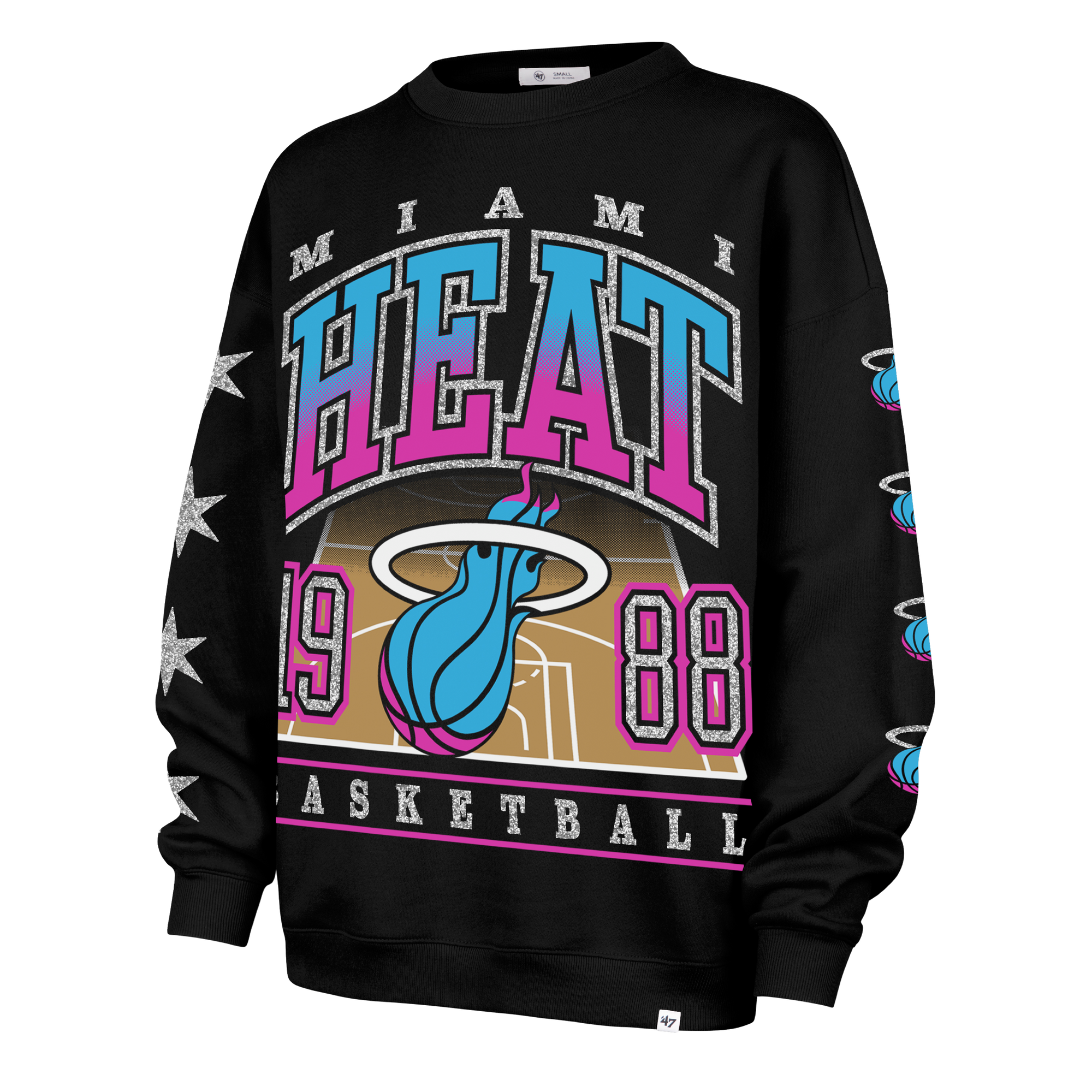 The '47 Brand Miami HEAT Original Vice Nights 1988 Women's Crewneck is a black, oversized sweatshirt with bright blue and pink Miami Heat graphics, flaming basketball logo, sleeve stars, and stylized court background. Cotton-polyester; machine wash cold.