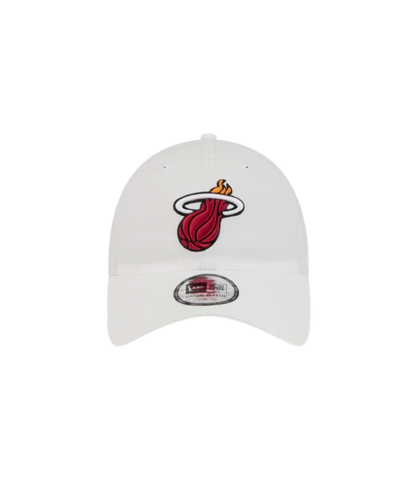 The New Era Miami HEAT Ripstop Dad Hat is a white polyester cap with the team logo on front and a silver sticker on the brim. One size fits most; spot clean only.