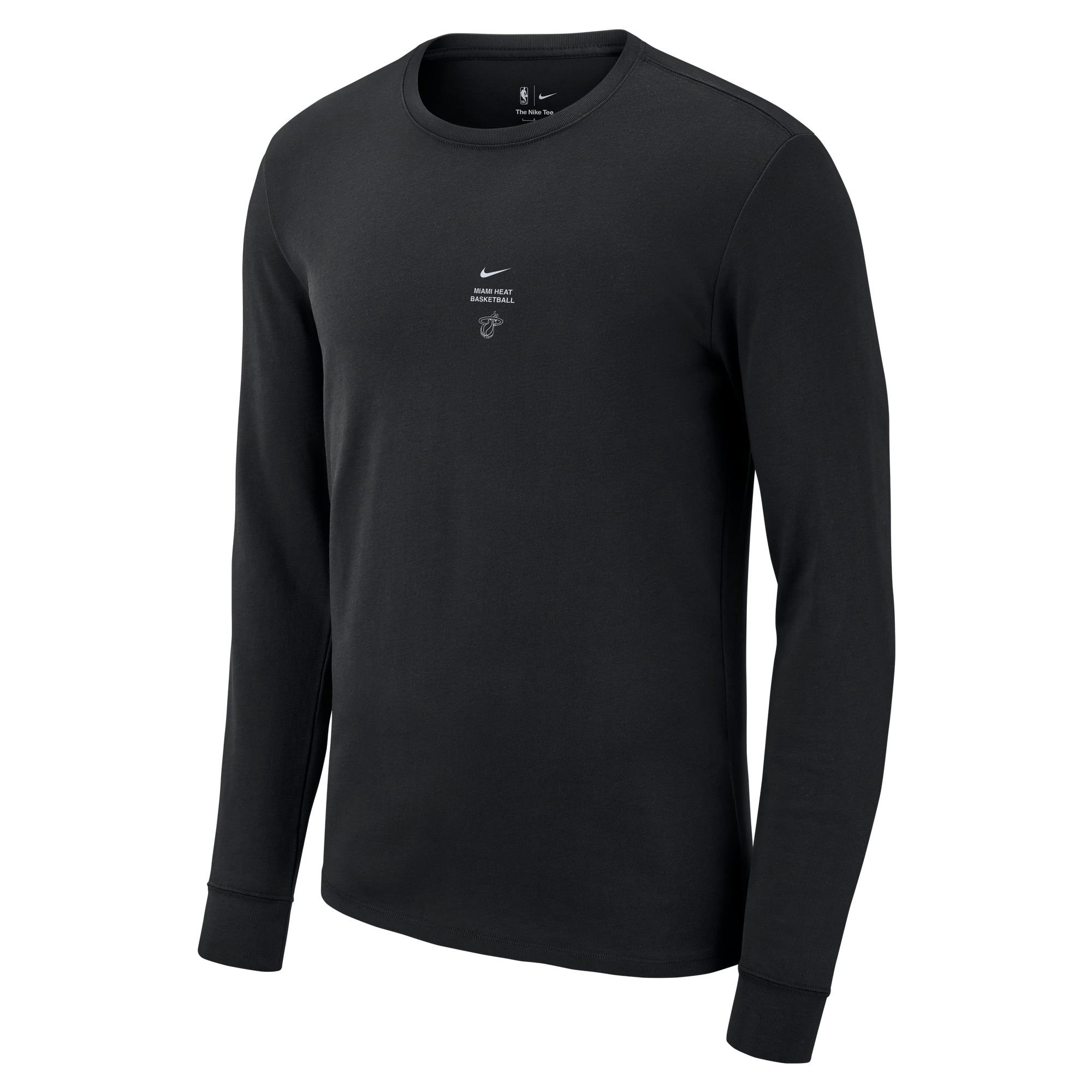 Here is a revision of your sentence using the provided product data: The Nike Miami HEAT 2026-27 Black Long Sleeve Practice Tee is a black, long-sleeve Nike shirt made from midweight cotton with a standard fit, featuring a small white Nike logo and text on the chest, displayed on a plain white background.